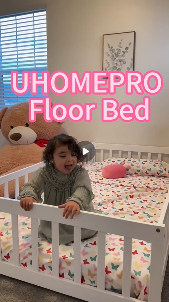thumbnail video image 2 of Full Montessori Floor Bed, UHOMEPRO Floor Bed with Safety Fence and Door, Low Profile Wood Platform Bed, No Box Spring Needed, White, 2 of 14