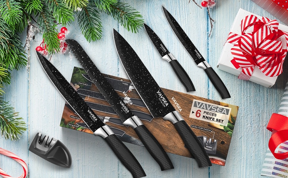 VAVSEA Kitchen Knife Set with Sharpener, 6Pcs Stainless