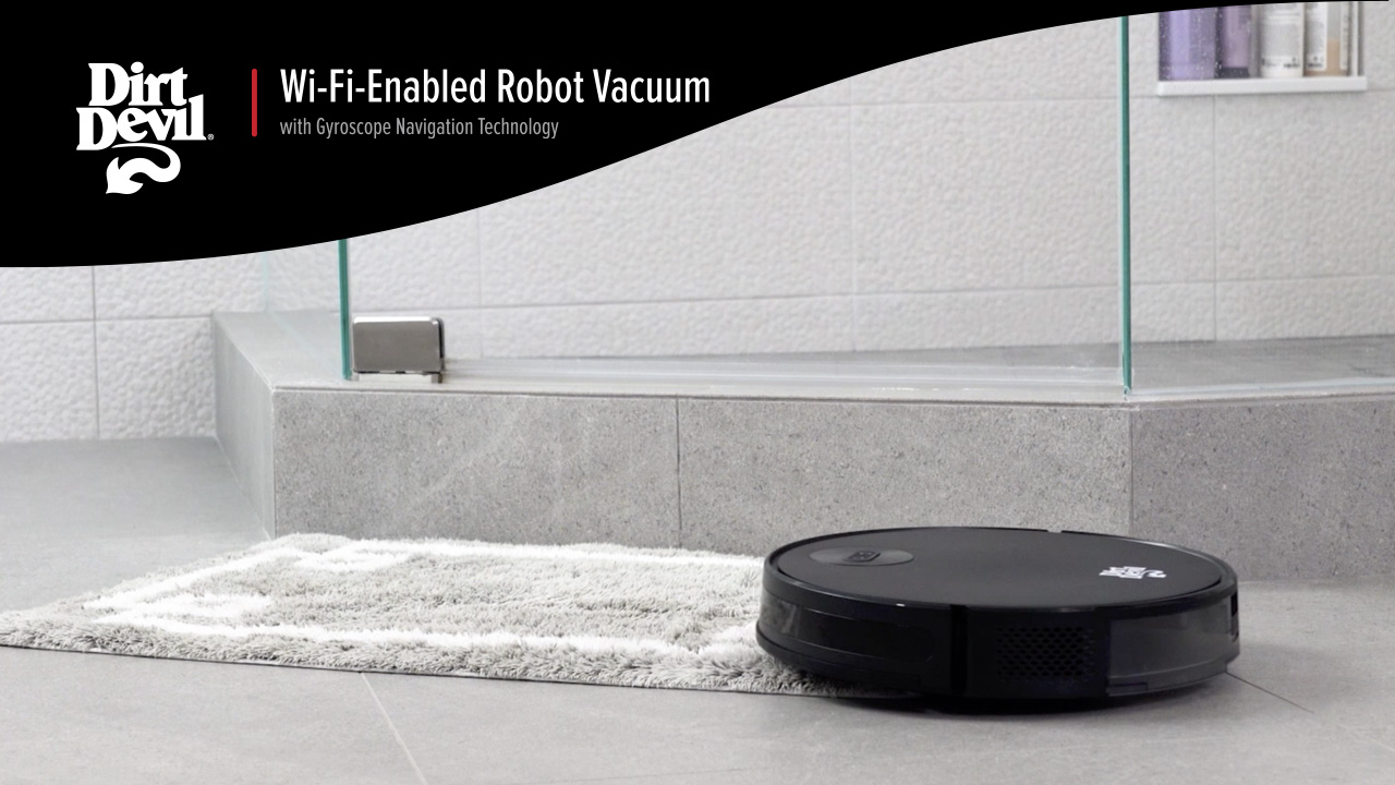 thumbnail video image 2 of Open Box Dirt Devil Robot Vacuum Cleaner with Gyroscope Zig Zag Navigation, Wi-Fi App Control, 110 Min Runtime, Ideal for Hard Floors and Area Rugs, Model EV3320, 2 of 10