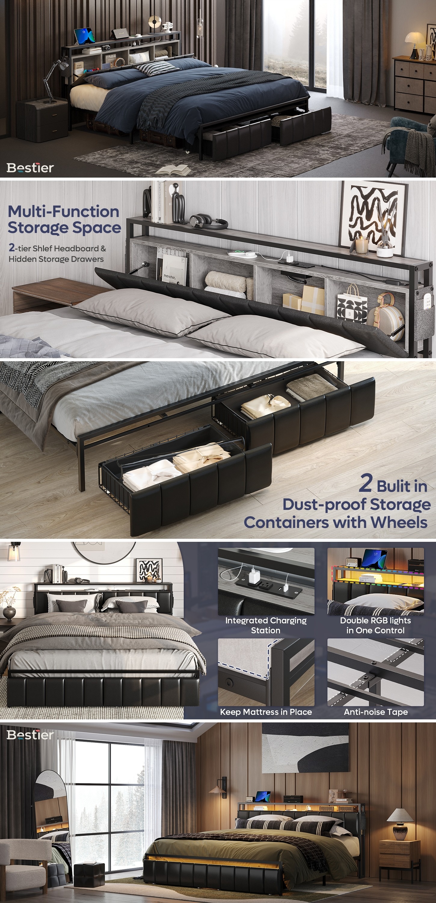 Bestier King Size Bed Frame with PU Leather Headboard, LED