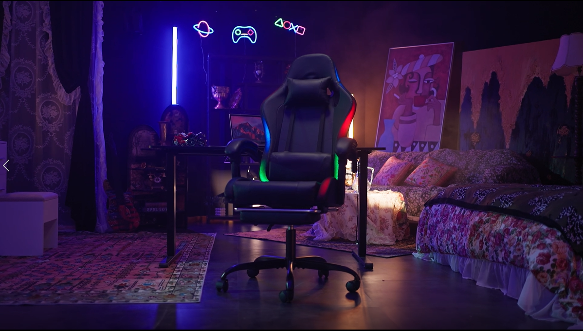 thumbnail video image 2 of Homall RGB Gaming Chair with APP & Remote Control, LED Lights Ergonomic Computer Chair with Footrest & Massage Lumbar Support, White, 2 of 11