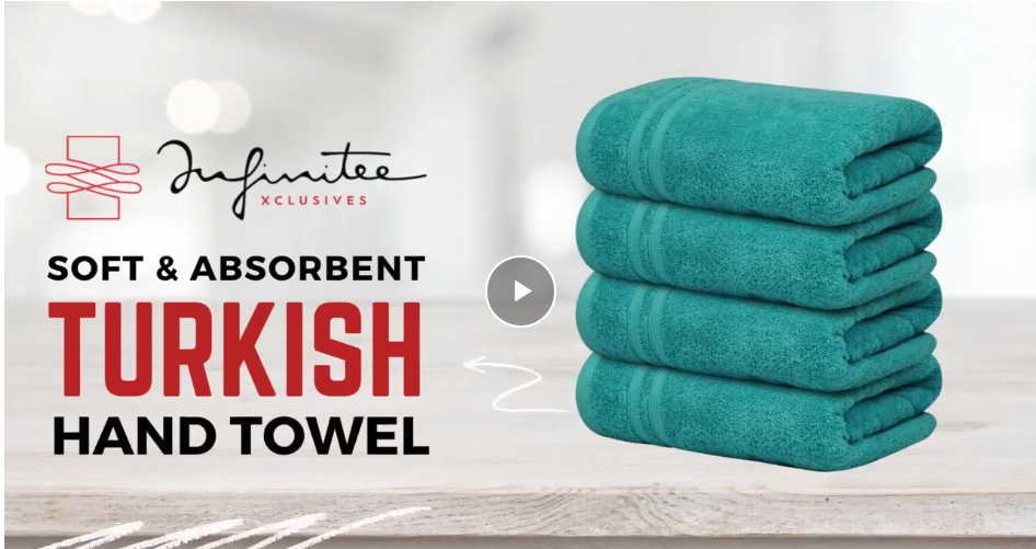 thumbnail video image 2 of Infinitee Xclusives 100% Turkish Cotton Hand Towels 16 x 30 inches Pack of 4, Elegant Blue, 2 of 9
