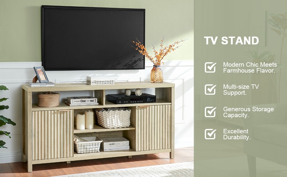 OAKHAM HOME Fluted TV Stand - Mid Century Modern Media Console For 50-65" TVs, Sunwashed Ash Oak