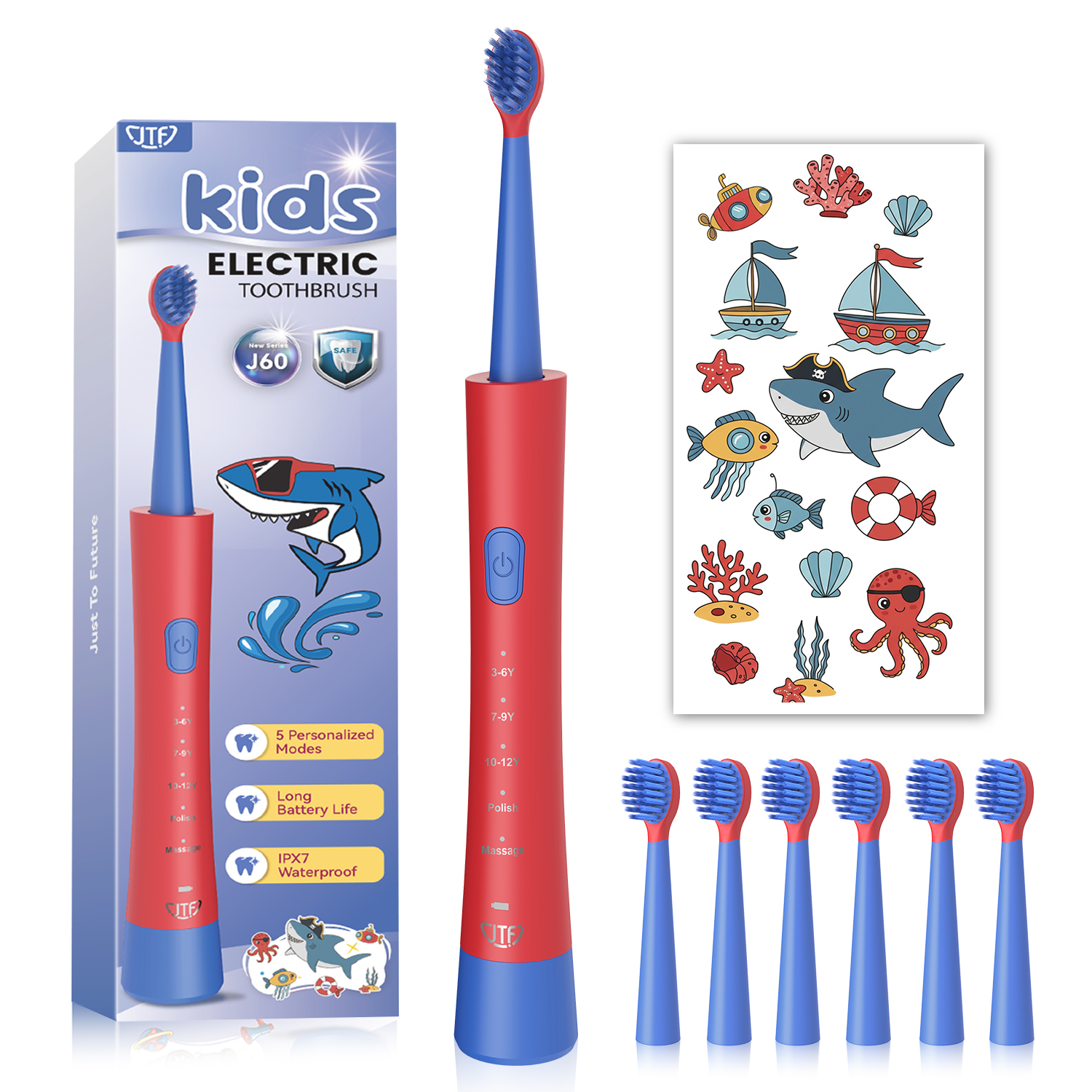 JTF Sonic Electric Toothbrush P200, 6 Brush Heads, 5 Modes, 40000