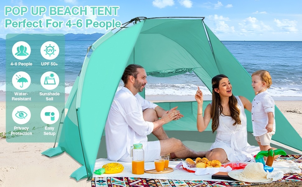 Pop Up Beach Tent Sun Shelter - Easy Setup In 2 Seconds - Fits 1-4 People With Sandbags & Stakes - UPF 50+ Sun Protection (Green)