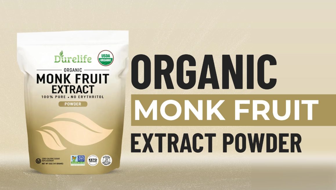 thumbnail video image 2 of Durelife Organic 100% Pure Monk Fruit sweetener, No Erythritol, Monkfruit Extract Powder, USDA organic NON-GMO Project Verified, Keto Certified, OU kosher No Fillers Zero Calorie Sugar Substitute 5OZ, 2 of 7