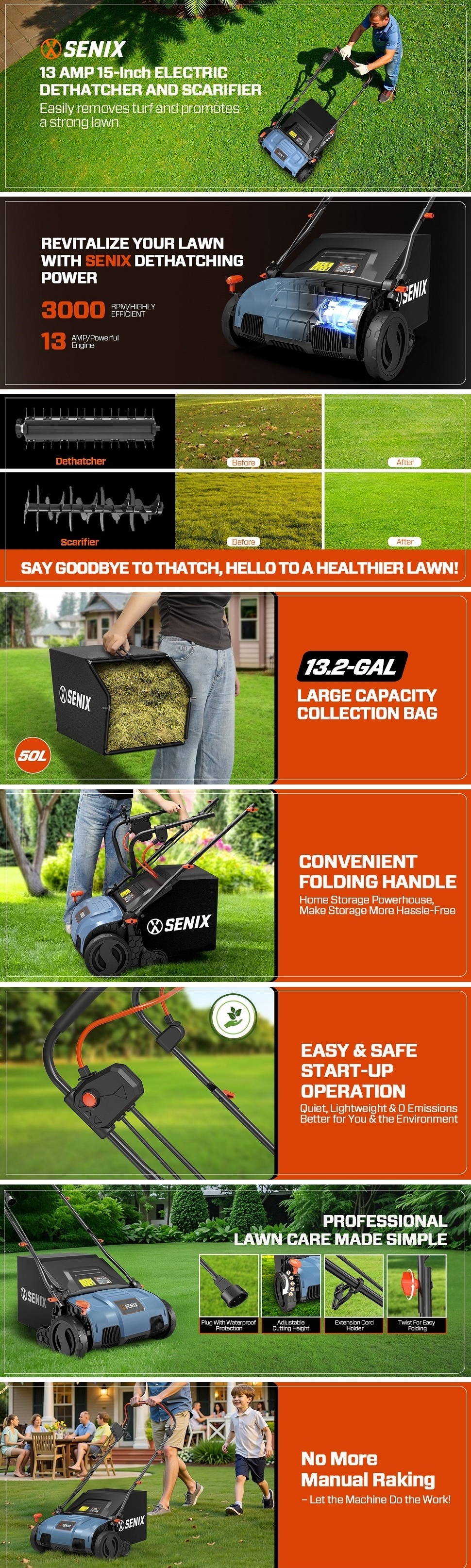 SENIX 15-Inch Electric Lawn Dethatcher and Scarifier with Yard Bag