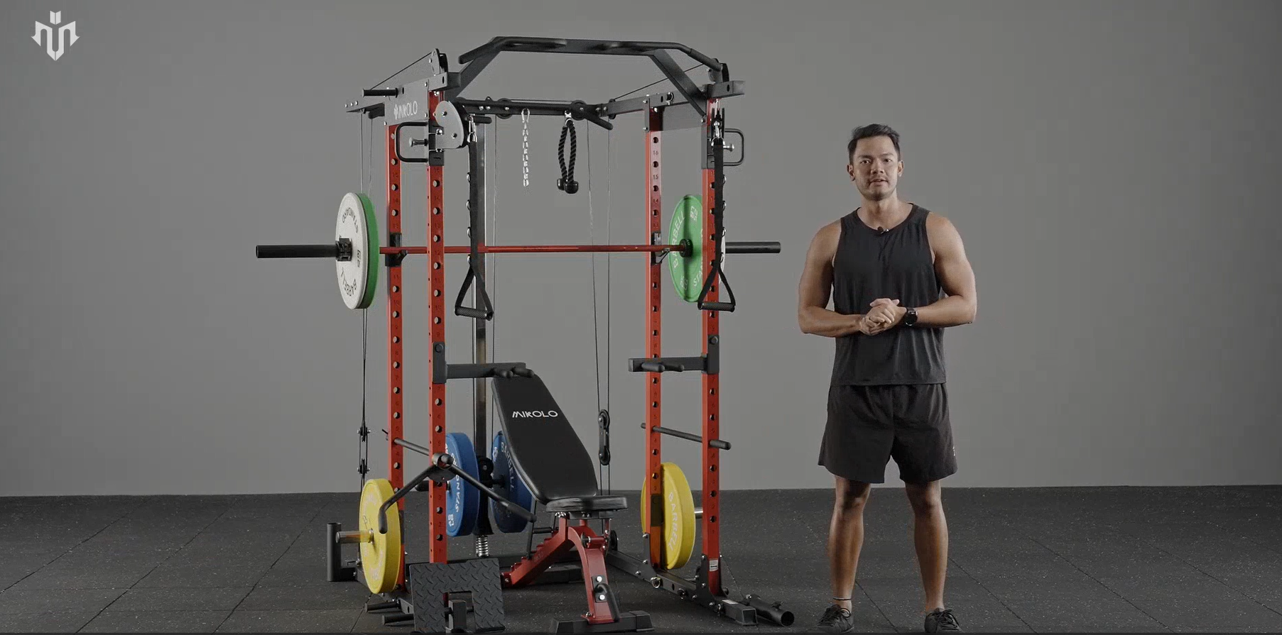 thumbnail video image 2 of Mikolo Power Rack Cage, 1500LBS Weight Cage with 800LB Capacity Adjustable Weight Bench, 1500LB Capacity Barbell and 230LB Weight Plate set Red, 2 of 13