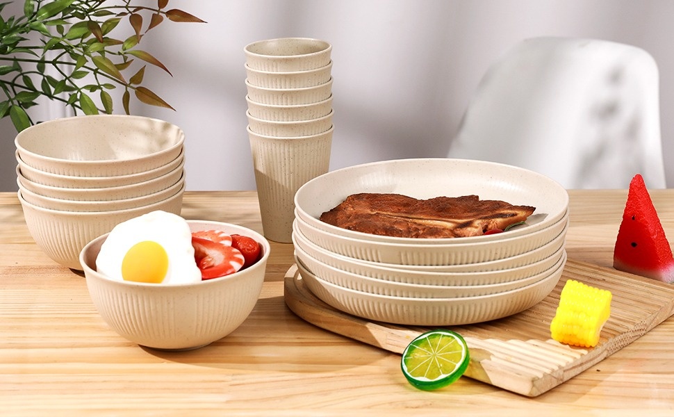 Dinnerware Set Platos Camping Rubtlamp 16Pcs Plastic Wheat Straw