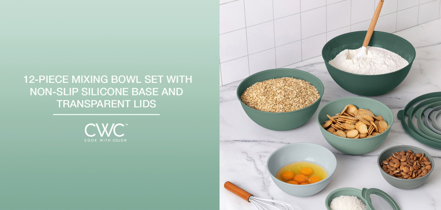 thumbnail video image 2 of Cook with Color 12-Piece Mixing Bowl Set with Non-Slip Silicone Base and Transparent Lids, Sage Green, 2 of 6