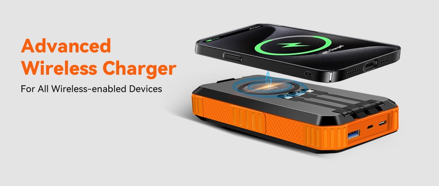 Solar Power Bank 46800mAh - 15W Fast Charging, Built-in 3 Cables + Flashlights & Compass (Orange, Outdoor Essential)