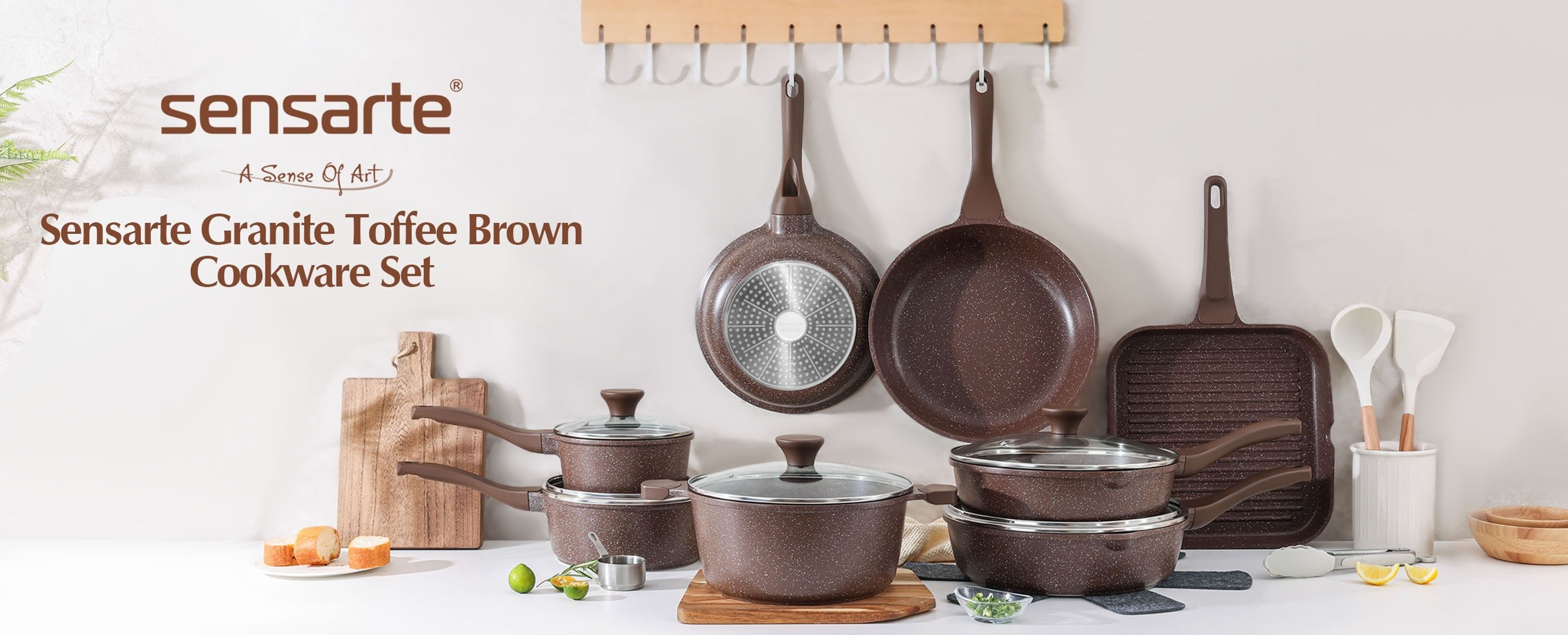 Sensarte Nonstick Granite Cookware Set, 21 Pieces, Toffee Brown