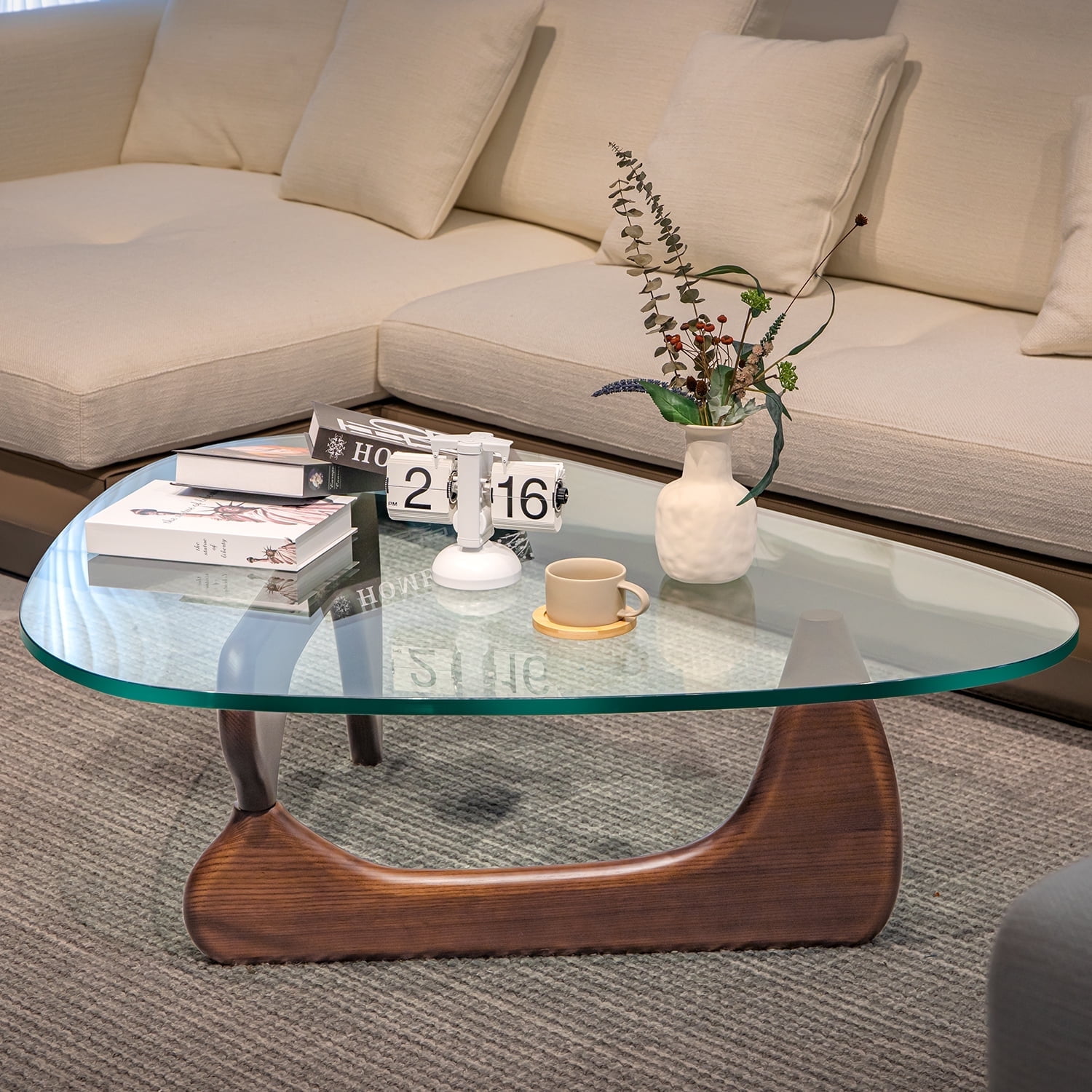 Triangle Glass Coffee Table Clear Glass Top Table with Black Base