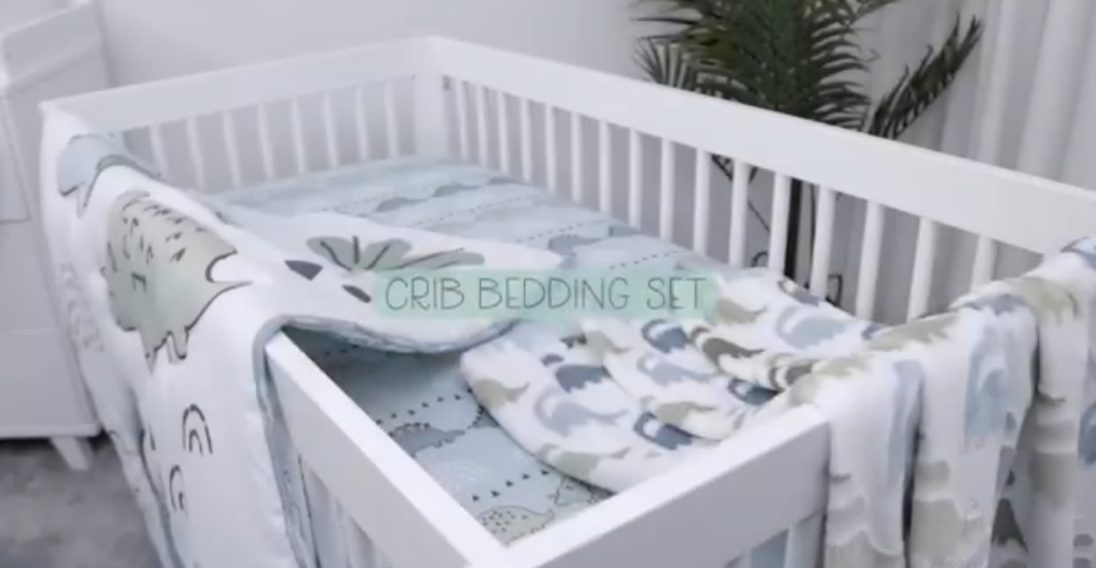 thumbnail video image 2 of The Peanutshell Green Dinosaur Dreams Crib Bedding Set for Baby Boys, 3 Piece Nursery Set, 2 of 8