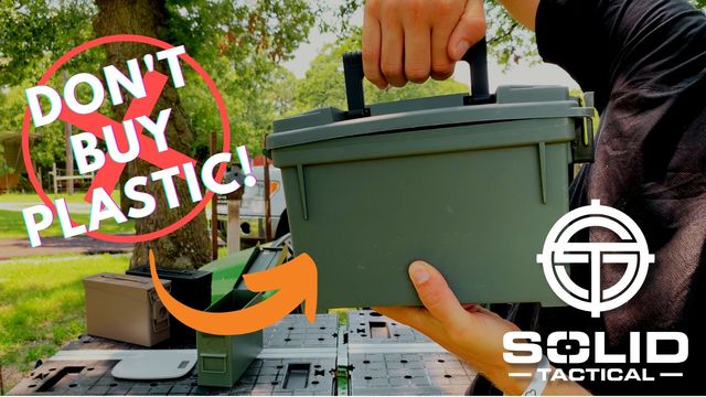 thumbnail video image 2 of Solid Tactical 50 Cal Metal Ammo Can with Welded Locking Kit - Military and Army M2A1 Metal Ammo Cans for Long Term Storage Case, Waterproof Metal Storage Box in FDE Brown, 2 of 11