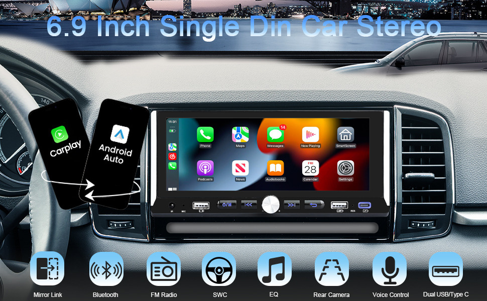 Autoradio 1 Din met Apple Carplay Android Auto 10,4 inch draaibaar touchscreen autoradio met IOS/Android Mirror Link Bluetooth FM-radio USB/AUX/EQ/voice control Stuurwielbediening Achteruitrijcamera