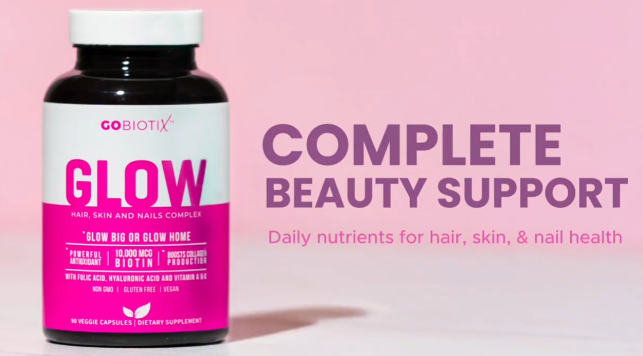 thumbnail video image 2 of (2 pack) GoBiotix Glow Biotin 10000mcg, Collagen Boost Hair, Skin & Nails Multivitamin with Hyaluronic Acid, 90 Caps, 2 of 9
