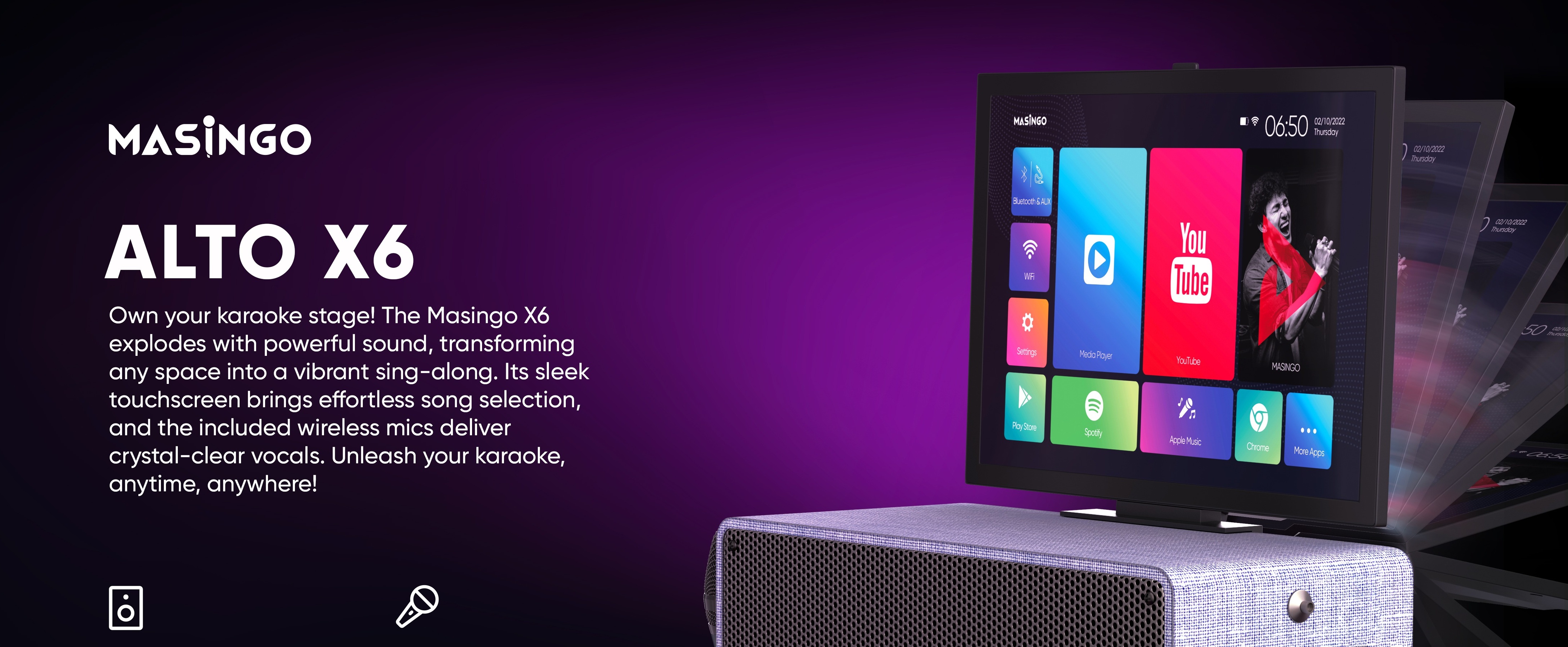 MASINGO Professional Karaoke Machine with 2 Cordless Mics, 15