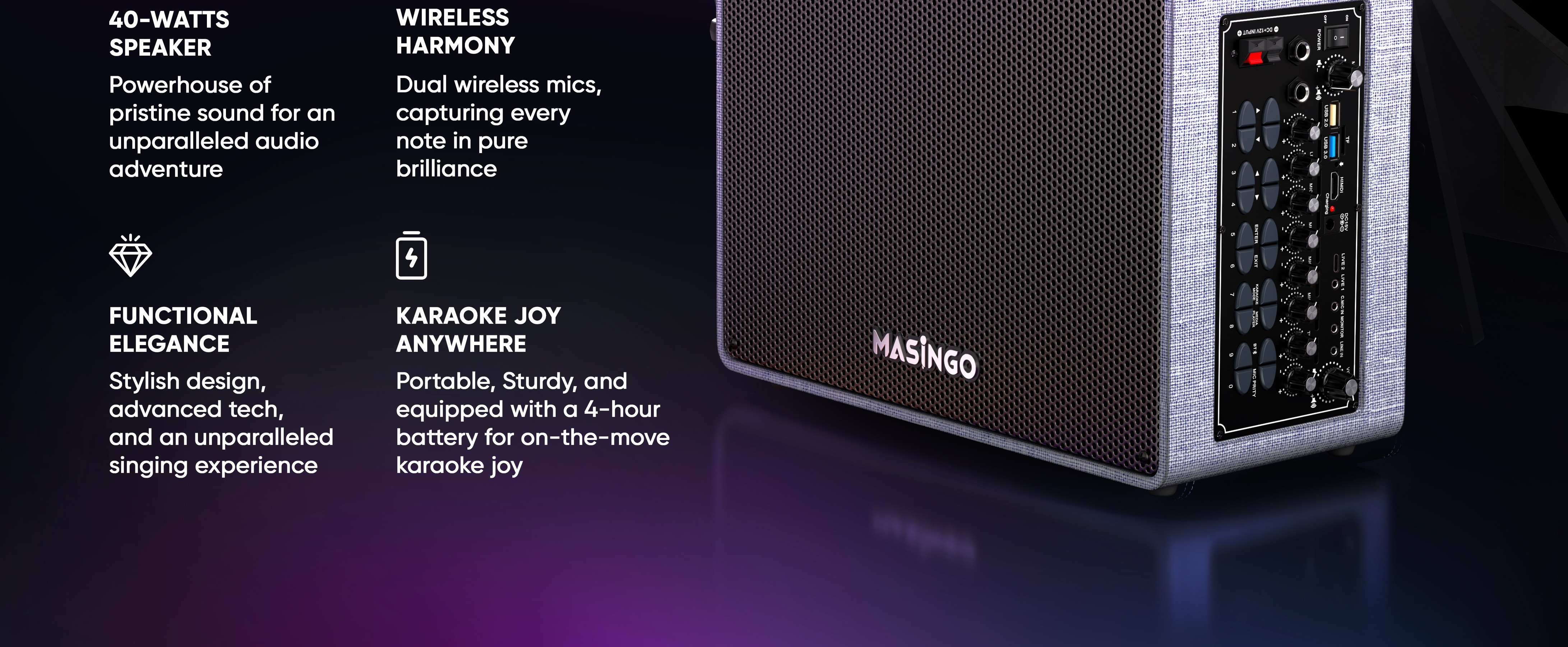 MASINGO Professional Karaoke Machine with 2 Cordless Mics