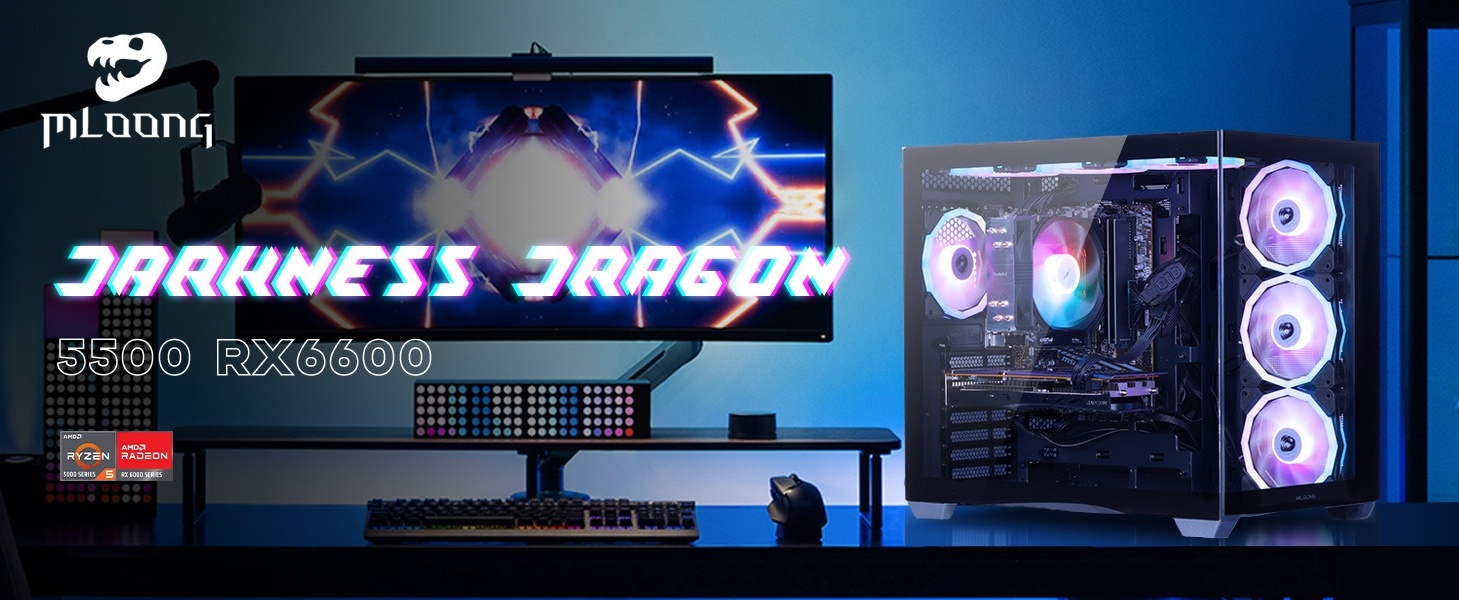 Mloong Gaming PC, AMD Ryzen 5 5500, Radeon RX 6600, 16GB RAM