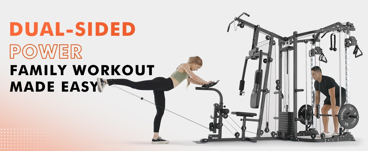 thumbnail video image 2 of Mikolo Smith Machine Power Cage, Multi-Function Home Gym System with Cable Crossover, 121LB Weight Stack, 2 of 16