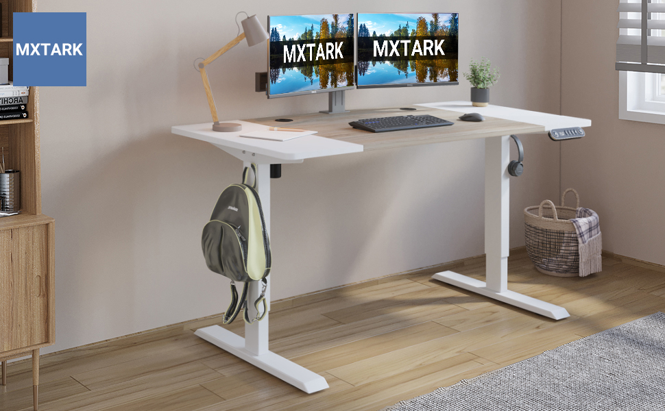 thumbnail video image 2 of MXTARK 55'' x 24'' Stand Up Desk,Electric Height Adjustable Standing Desk,Adjustable Ergonomic Desk,Splice Board Home Office Computer Standing Table,White Frame + White+Maple Top, 2 of 9
