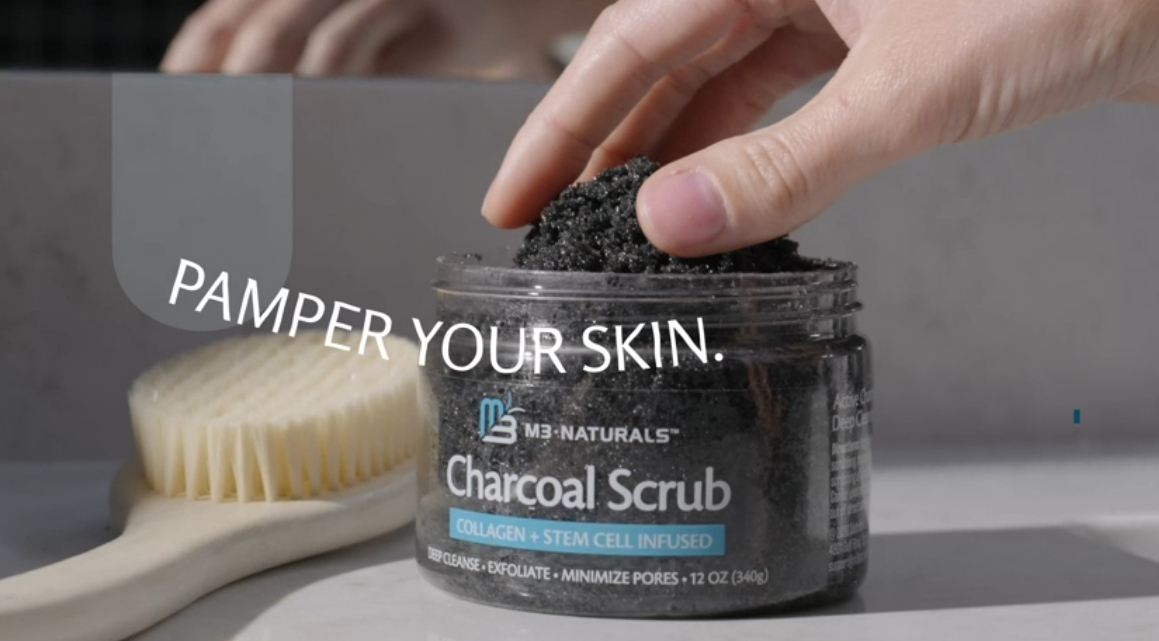 thumbnail video image 2 of M3 Charcoal Exfoliating Body Scrub with Collagen and Stem Cell, 12 oz, 2 of 11