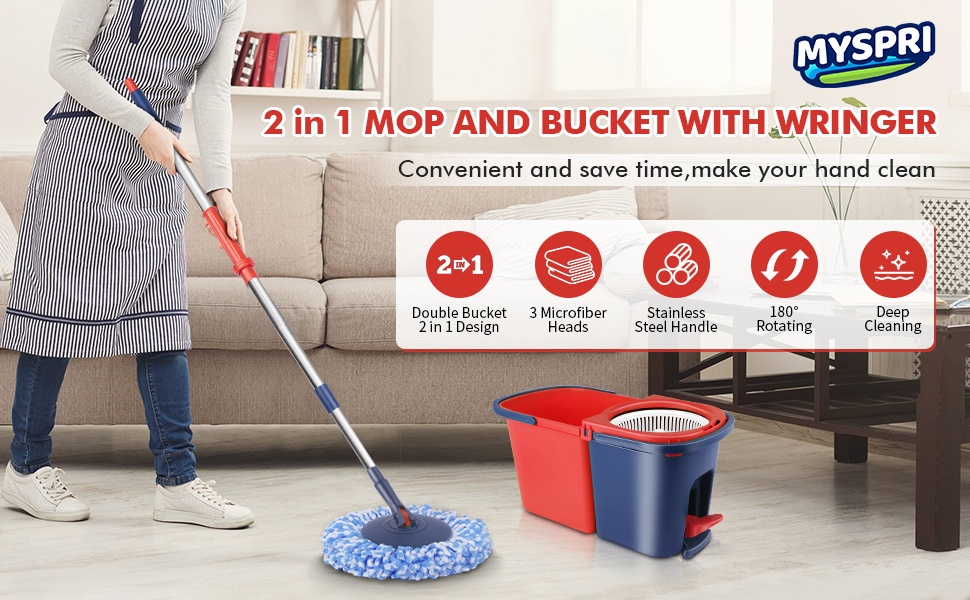 MYSPRI Spin Mop and Bucket System with Wringer Set for Floors