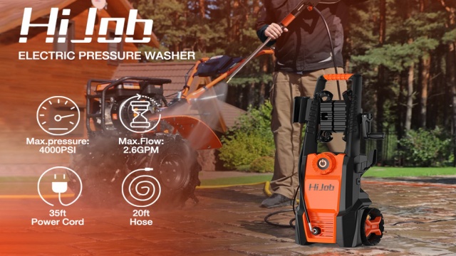 HIJOB Electric Pressure Washer, 4000 PSI Pressure Washers w/ 20 ft Hose, 4 Nozzles, Max. 2.6 GPM Power Washers for Patios/Cars/Fences/Driveways