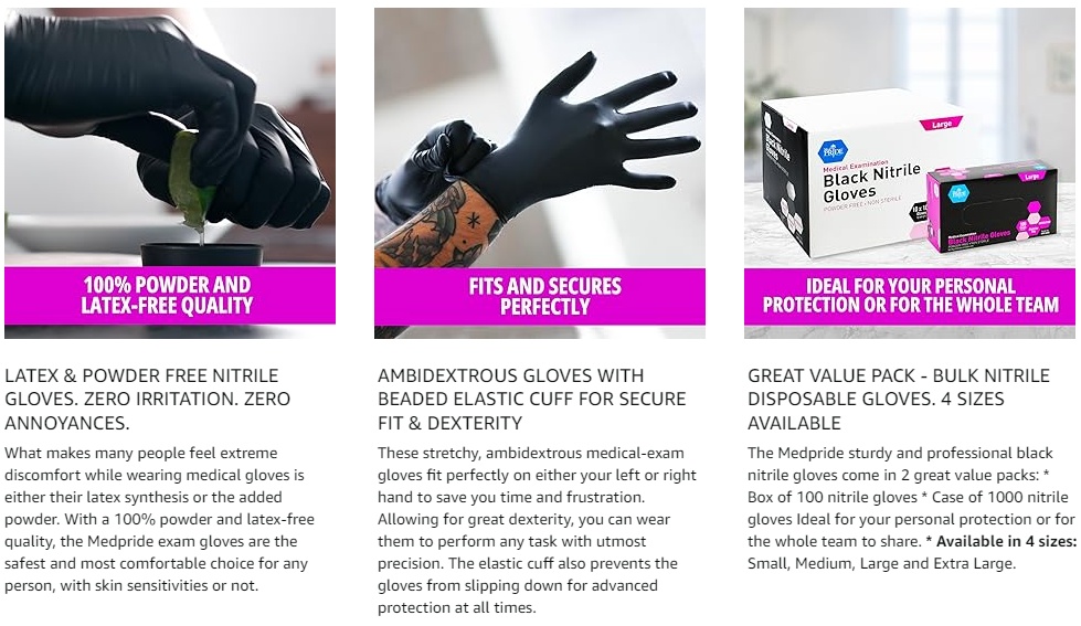 MED PRIDE Black Nitrile Examination Gloves Large MED PRIDE
