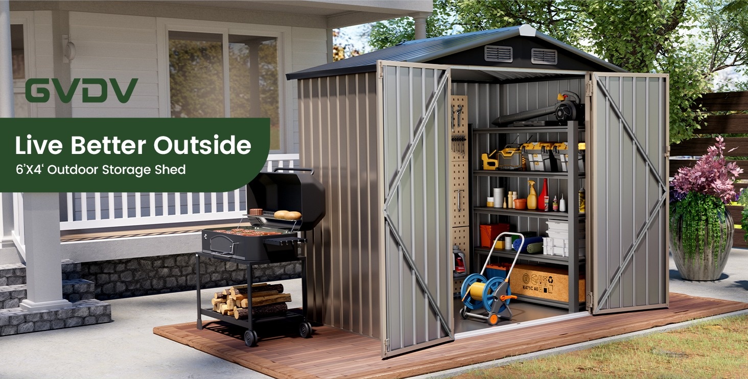 GVDV Metal Shed, 6'x4' Rustproof Galvanized Storage, Lockable