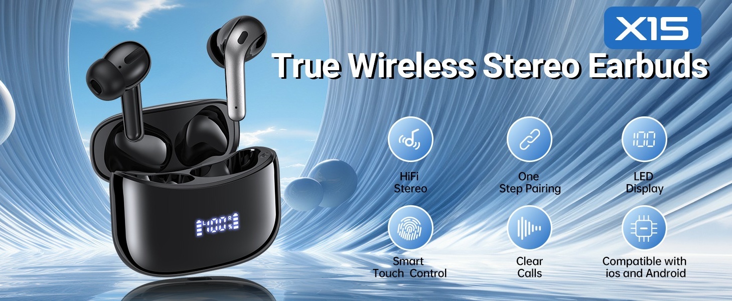 Wireless Bluetooth Earbuds, IPX7 Waterproof, Mic, Touch