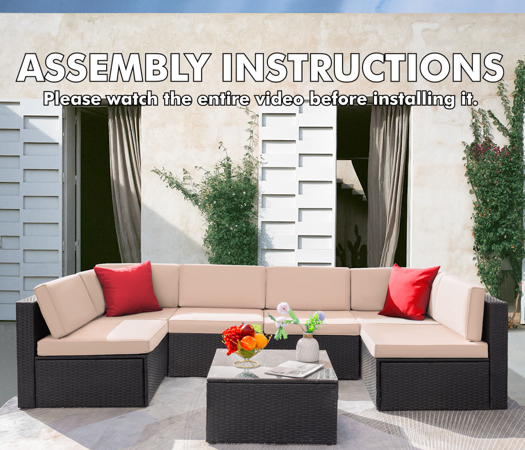 thumbnail video image 2 of LACOO 7 Pieces Patio Conversation Set Outdoor Sectional Sofa Set PE Rattan, Beige, 2 of 8