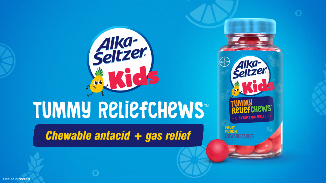 thumbnail video image 3 of (2 pack) Alka-Seltzer Kids Tummy Relief Chews Fruit Punch Chewable Tablets, 28 Count, 3 of 11