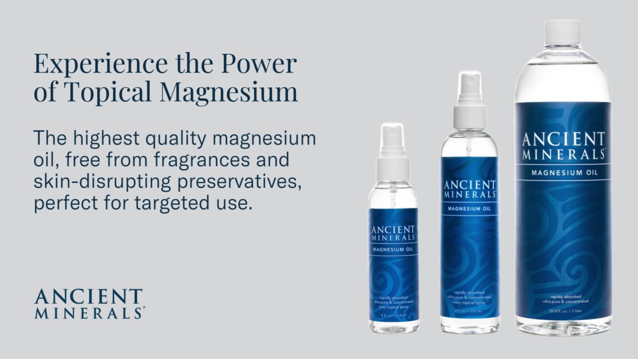 thumbnail video image 3 of Ancient Minerals Magnesium Oil Spray, for Leg Cramps, Soreness, Stress Relief, Unscented, 8 fl oz, 3 of 12