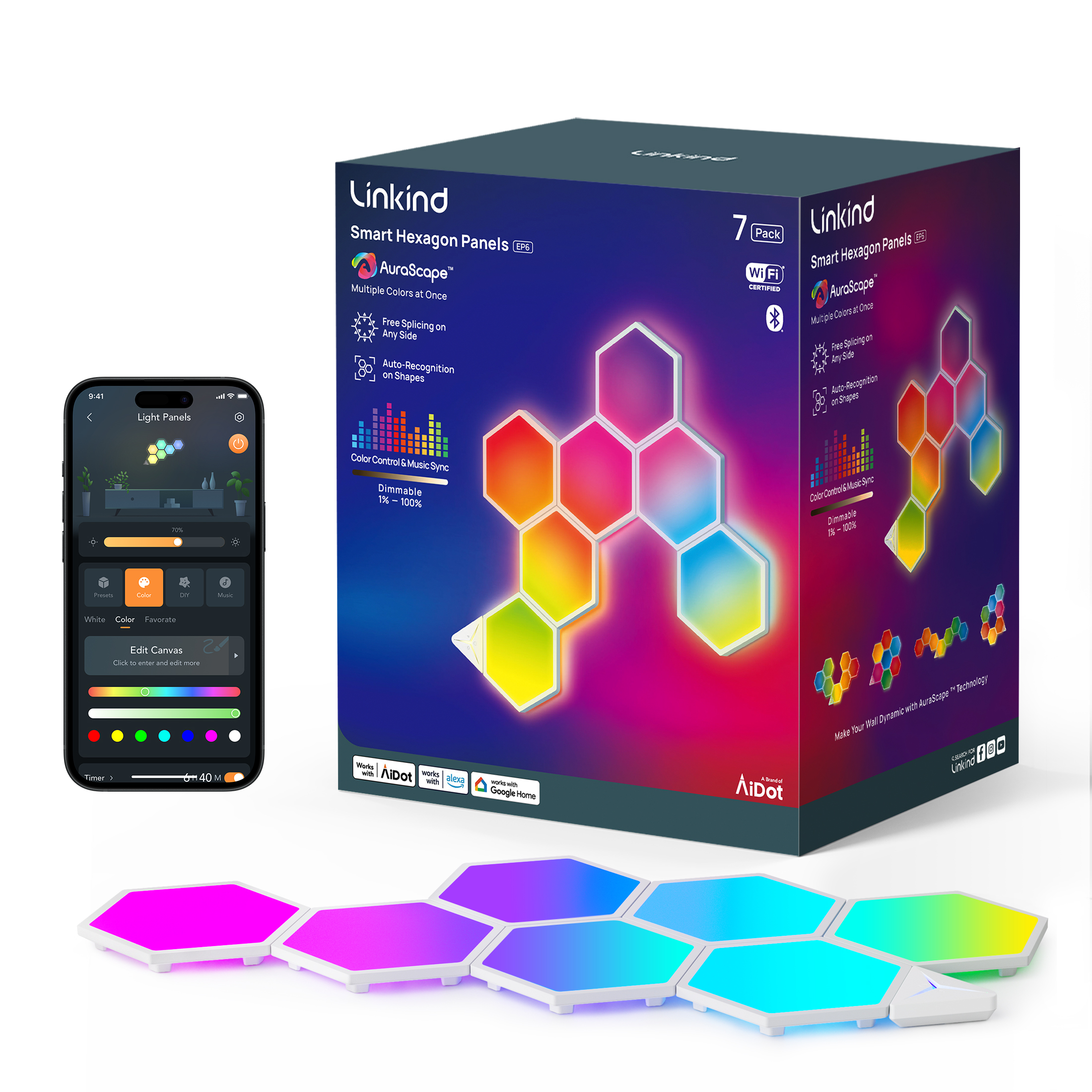 Linkind EP6 Smart Hexagon Panels, Multi-Color LED Wall Light