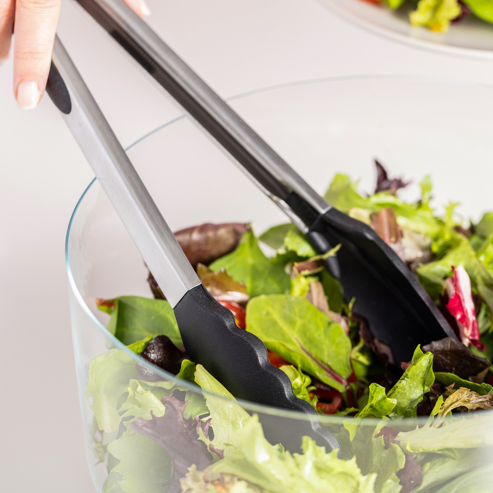 thumbnail video image 2 of GORILLA GRIP Set of 2 Stainless Steel Heat-Resistant Kitchen Tongs, 7 and 12 Inch, Black, 2 of 10